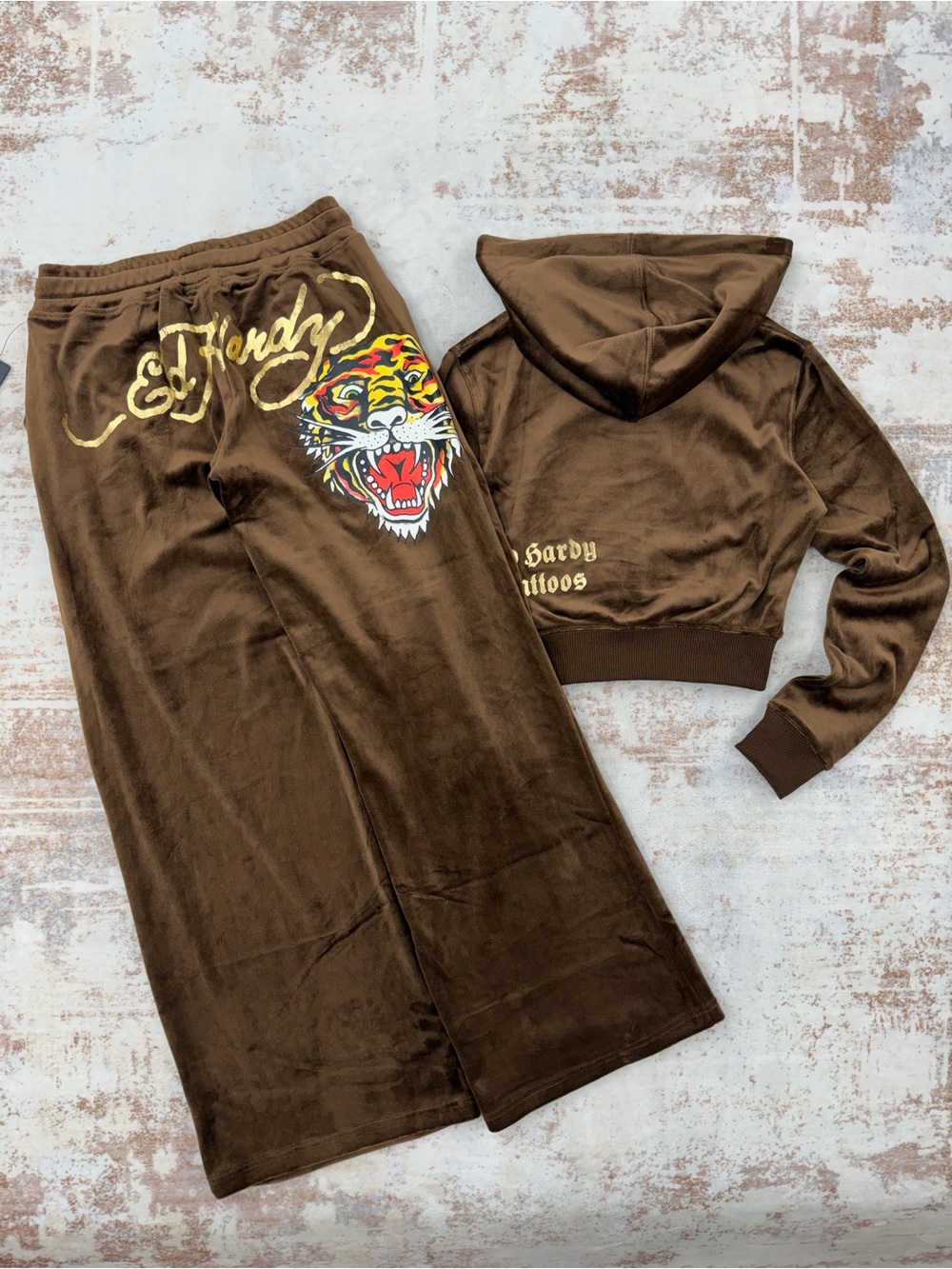 Ed Hardy  chocolate Velour Tracksuit Set • Y2K Style • Size XS/S/M